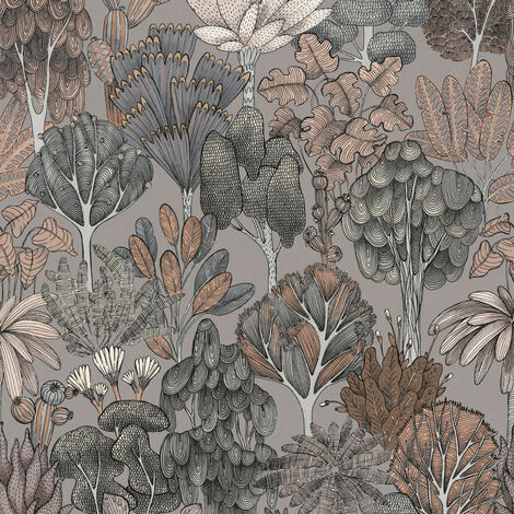 Papier peint forêt gris & rose idéal salon Tapisserie arbre originale pour chambre adulte Papier peint intissé taupe à motif pour couloir