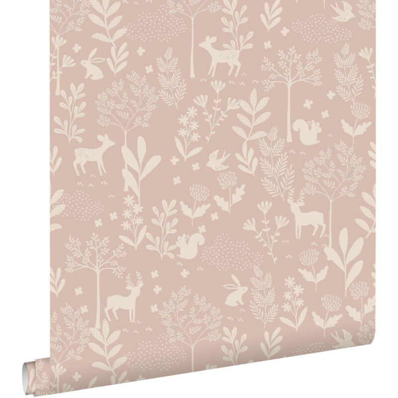 papier peint forêt avec des animaux de la forêt vieux rose - ESTAhome