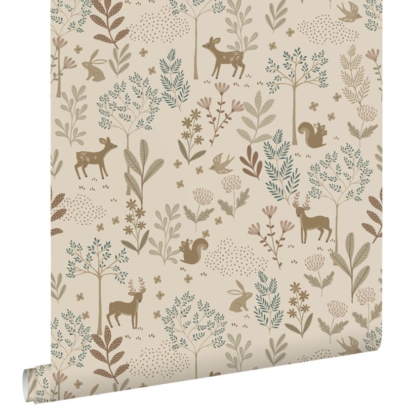 Estahome - papier peint forêt avec des animaux de la forêt beige et vert