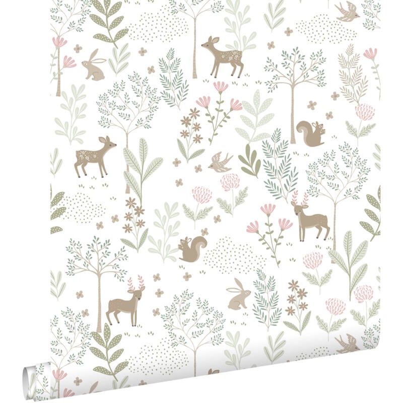 Papier peint forêt avec des animaux de la forêt vert et rose Estahome