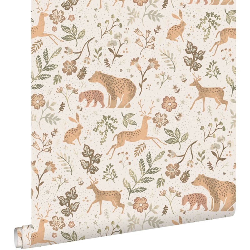 Papier peint forêt avec des animaux de la forêt blanc cassé et beige Estahome