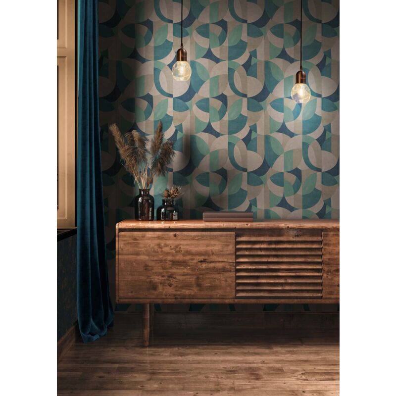 Papier peint moderne chic, turquoise, bleu canard, crème, abstrait, cuisine, salon, hôtel, 399322