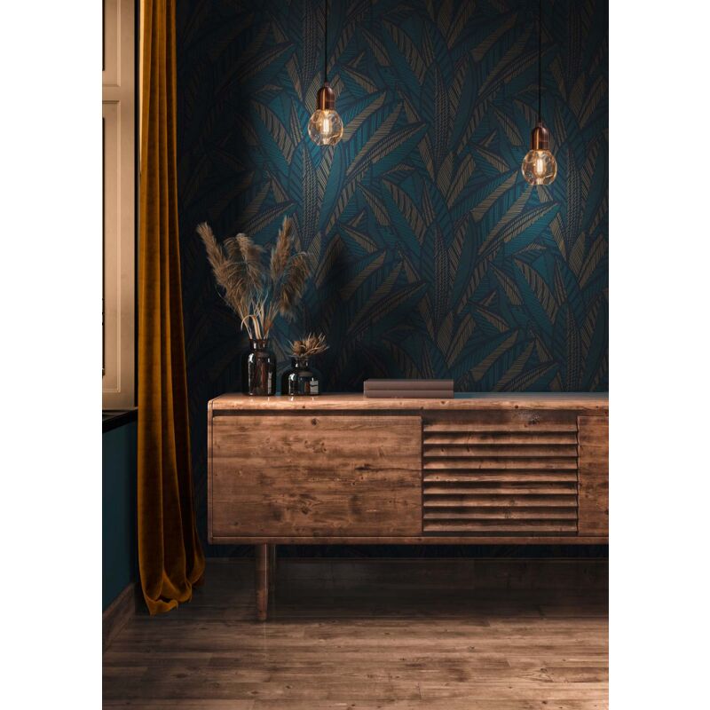 Tapisserie feuille abstraite, bleu et jaune, tête de lit, cuisine, salon, 399335