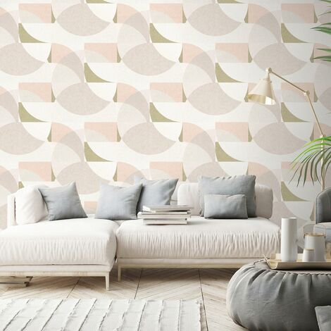 Papier peint géométrique beige et rose chambre adulte | Tapisserie moderne graohique beige bureau | Papier peint intissé couloir