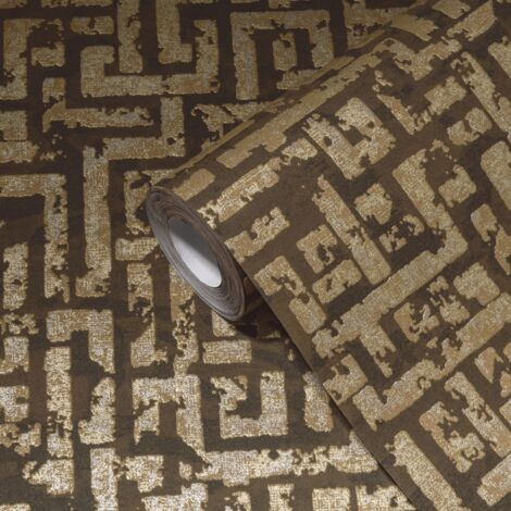 Papier peint géométrique marron et brun Tapisserie graphique labyrinthe effet vieilli Papier peint contemporain idéal salon