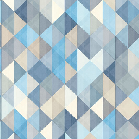Papier peint géométrique salle de bain | Tapisserie bleu & grise style scandinave pour chambre adulte | Papier peint moderne motif losange - 10,05 x 0,53 m