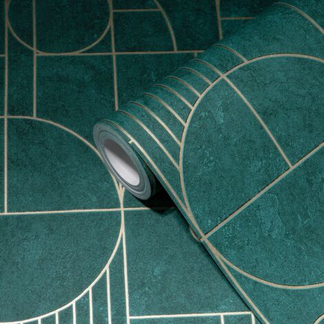 Papier peint géométrique vert et or Tapisserie à formes multiples Papier peint contemporain jeu de lignes idéal pour chambre
