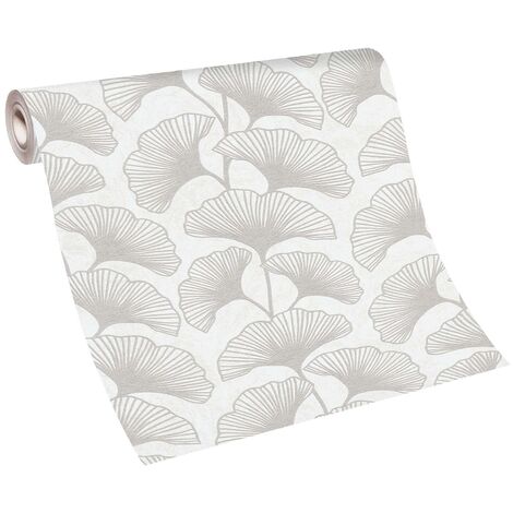 Papier peint ginkgo gris clair idéal salon | Tapisserie grise & blanche motif feuille chambre | Papier peint motif feuille intissé moderne