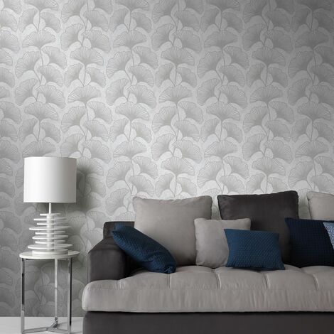 Papier peint ginkgo moderne salon | Tapisserie motif feuille de ginkgo grise claire | Papier peint gris motif feuille intissé