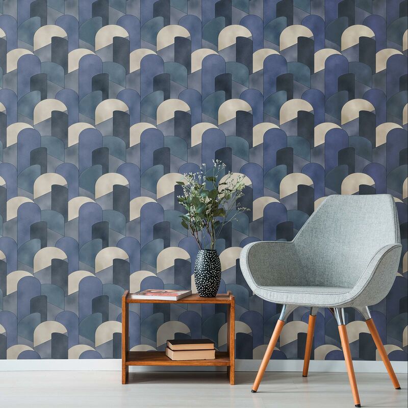 Papier peint géométrique beige & bleu chambre adulte | Tapisserie salon graphique moderne bleu & beige | Papier peint intissé tendance