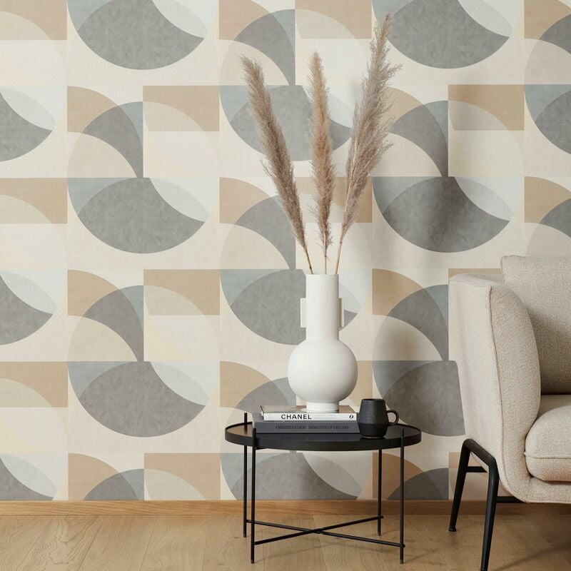 Papier peint géométrique tendance beige & gris | Tapisserie moderne graphique beige | Papier peint intissé vinyle salon & bureau