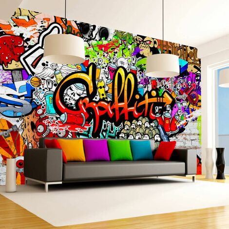 Papier peint graffitis colorés - Noir, rouge, blanc, marron, vert, orange, violet