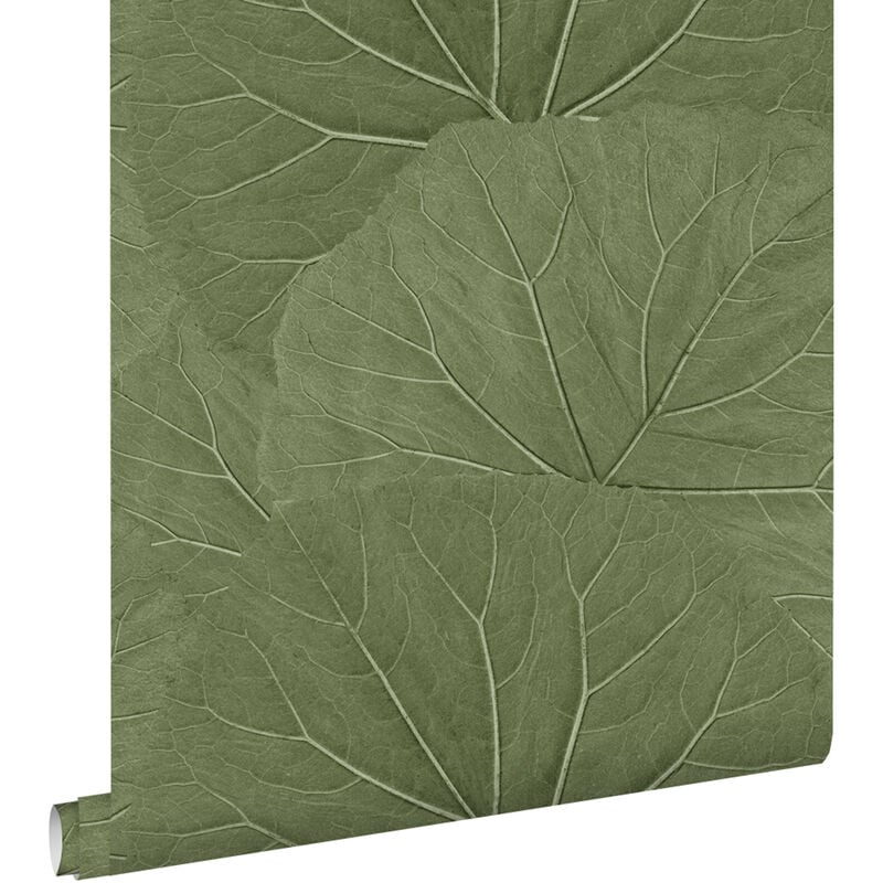Estahome - papier peint grandes feuilles vert olive grisé