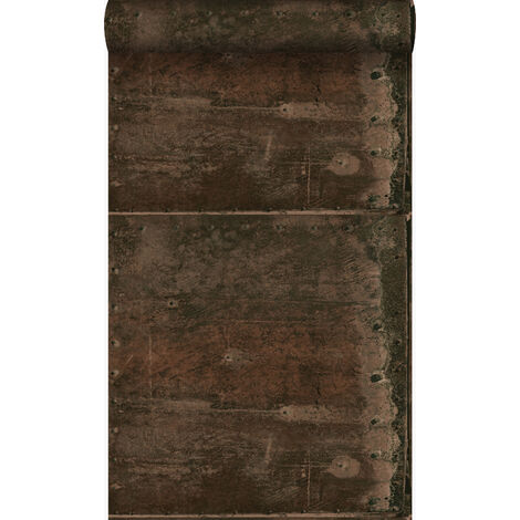 papier peint grandes plaques métalliques rouillées, vieillies, altérées et touchées par les intempéries avec des rivets brun rouille - Origin Wallcoverings