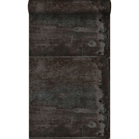 papier peint grandes plaques métalliques rouillées, vieillies, altérées et touchées par les intempéries avec des rivets noir et bleu pétrole foncé  - Origin Wallcoverings