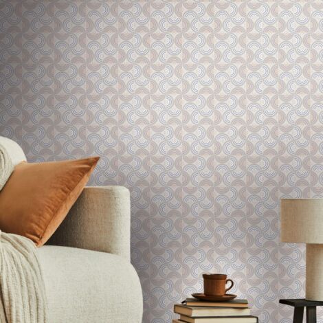 Papier peint graphique beige, crème, mauve Tapisserie baroque à lignes effet vague Papier peint style rétro idéal pour salle de bains