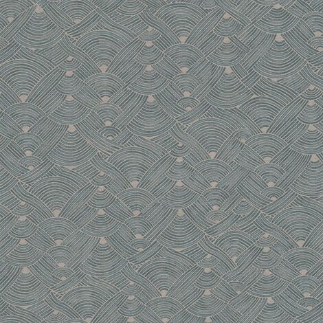 Papier peint graphique bleu gris et beige Tapisserie en lignes aspect tressage Papier peint style éthnique idéal pour chambre