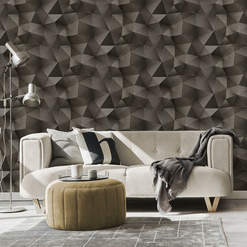 Papier peint graphique gris foncé pour salon | Tapisserie moderne effet trompe l'oeil noir | Papier peint uni idéal cuisine tendance