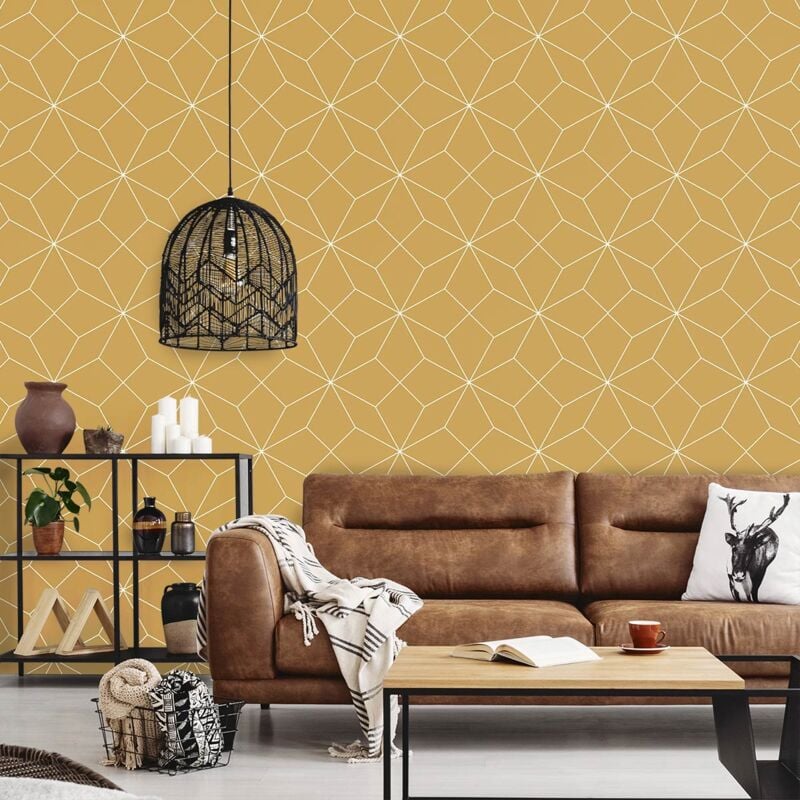 Papier peint graphique jaune moutarde