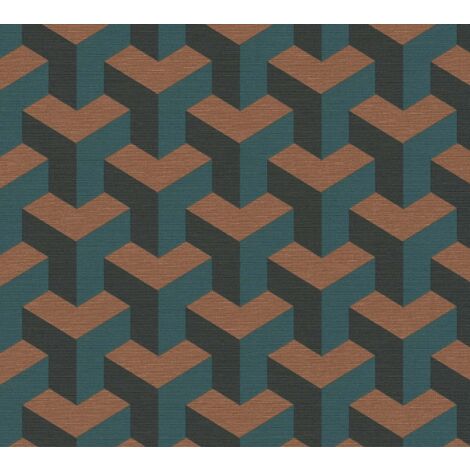 Papier peint graphique moderne, cubes orange bleu canard bleu foncé, salon, hôtel, 781502