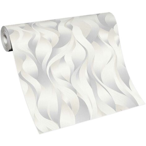Papier peint graphique ondulations gris & crème | Tapisserie graphique beige crème & grise chambre adulte | Papier peint intissé salon