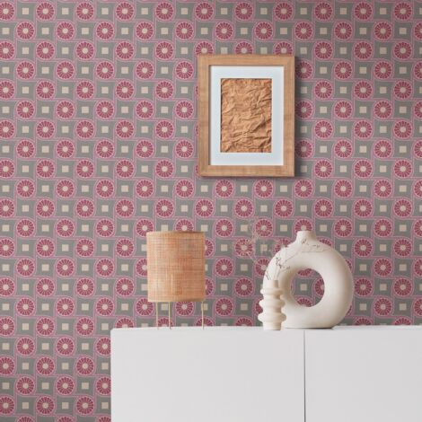 Papier peint graphique rouge et gris Tapisserie vintage à motifs circulaires et carrés Papier peint géométrique style rétro idéal couloir