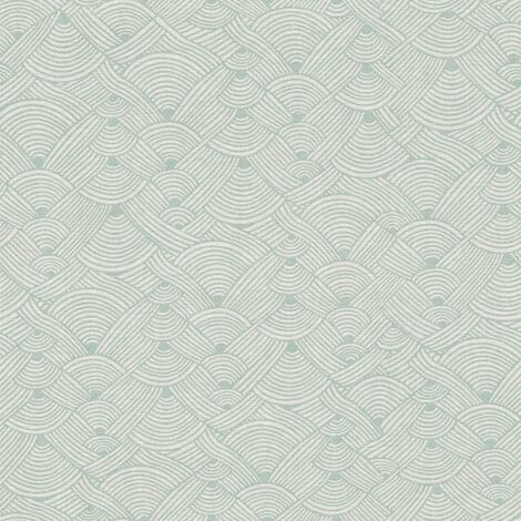 Papier peint graphique vert et crème Tapisserie en lignes aspect tressage Papier peint style éthnique idéal pour cuisine