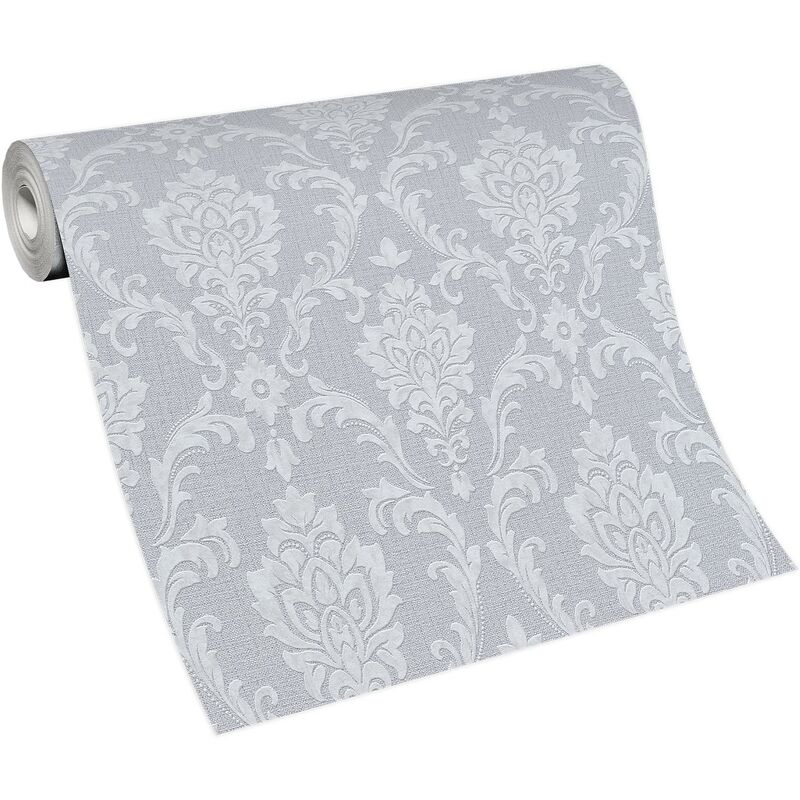 Papier peint gris & argent damassé idéal bureau Tapisserie vintage à motif fleurs de lys Papier peint baroque vinyle & intissé