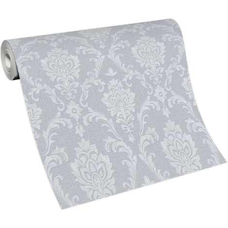 Papier peint gris & argent damassé idéal bureau  Tapisserie vintage à motif fleurs de lys  Papier peint baroque vinyle & intissé