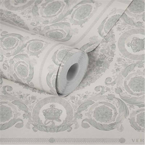 Papier peint gris argenté intissé motif fleur baroque Tapisserie pour chambre gris & argent Papier peint intissé  salon chic