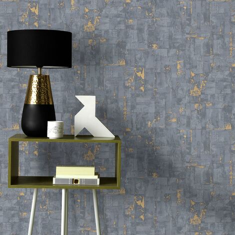 Papier peint gris et doré effet béton graphique | Tapisserie grise chambre ado originale | Papier peint intissé chambre & couloir