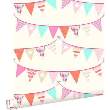 papier peint guirlandes rose, turquoise et corail rouge  - ESTAhome