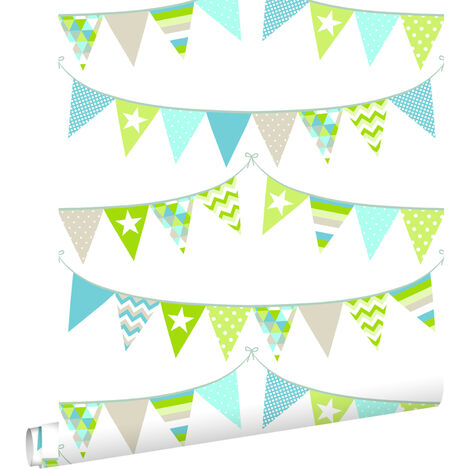 papier peint guirlandes turquoise, vert citron et beige  - ESTAhome