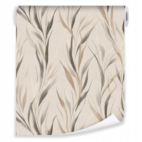 Papier peint herbe feuilles boho beige sur molleton mur salon chambre  coucher