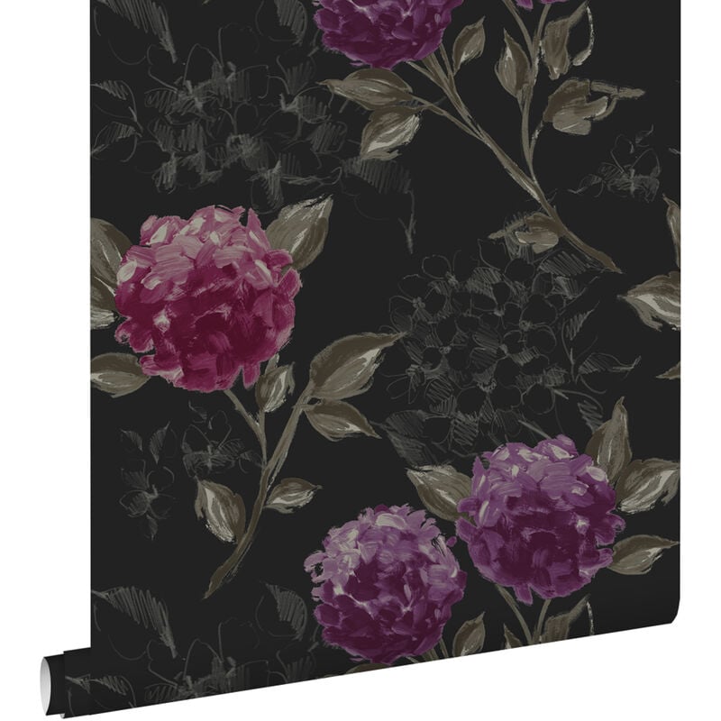 Estahome - papier peint hortensias noir et violet aubergine