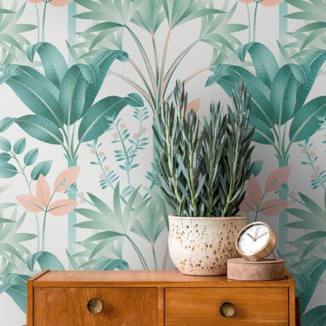Papier peint illustration florale sur fond blanc Tapisserie à feuillage vert et rose Papier peint style tropical idéal pour couloir