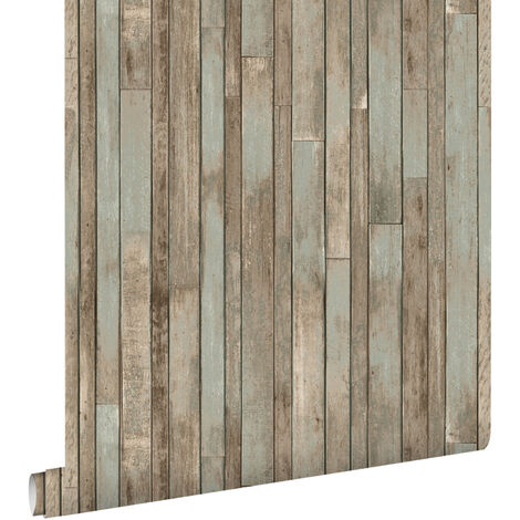 papier peint imitation bois bleu gris  - ESTAhome