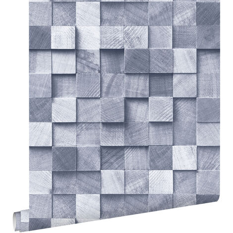 papier peint imitation bois en 3D bleu  - ESTAhome