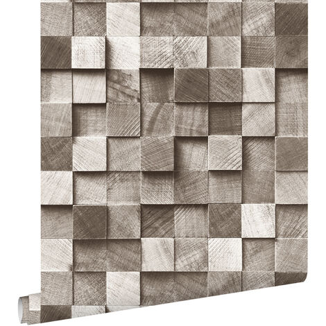 papier peint imitation bois en 3D marron  - ESTAhome