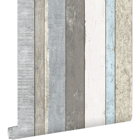 papier peint imitation bois gris et bleu clair  - ESTAhome