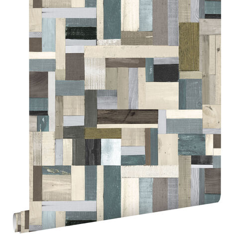 papier peint imitation bois marron et vert olive grisé  - ESTAhome