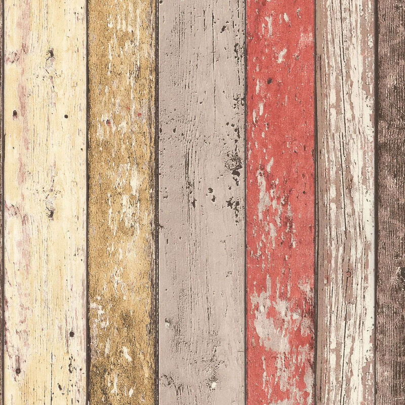 Papier peint imitation bois original Tapisserie planche de bois rouge marron beige Papier peint tendance salon & chambre adulte - Marron, Rouge