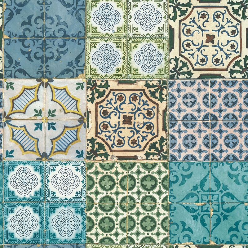 Papier peint imitation carreaux de ciment | Tapisserie originale à motif bleu, vert | Papiers peints colorés tendances pour cuisine et bureau - 10,05
