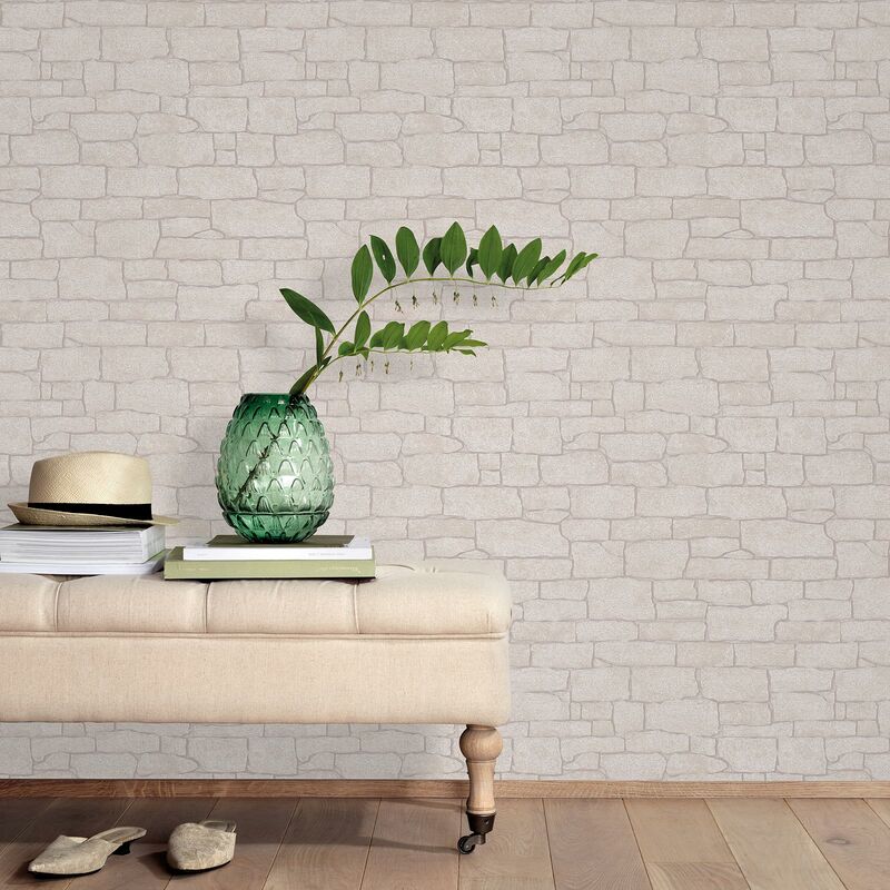Papier peint imitation pierre beige tendance | Tapisserie brique beige moderne idéale salon | Papier peint brique intissé chambre