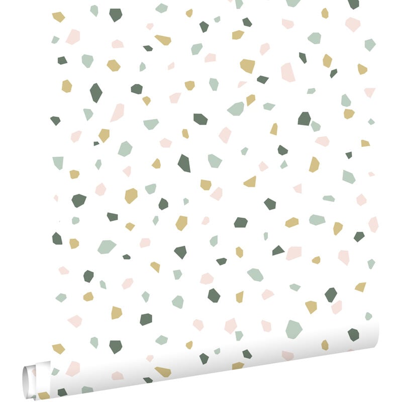 Estahome - papier peint imitation terrazzo blanc, rose clair et vert menthe