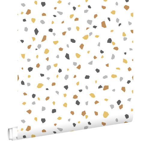 papier peint imitation terrazzo blanc, jaune ocre et gris - ESTAhome