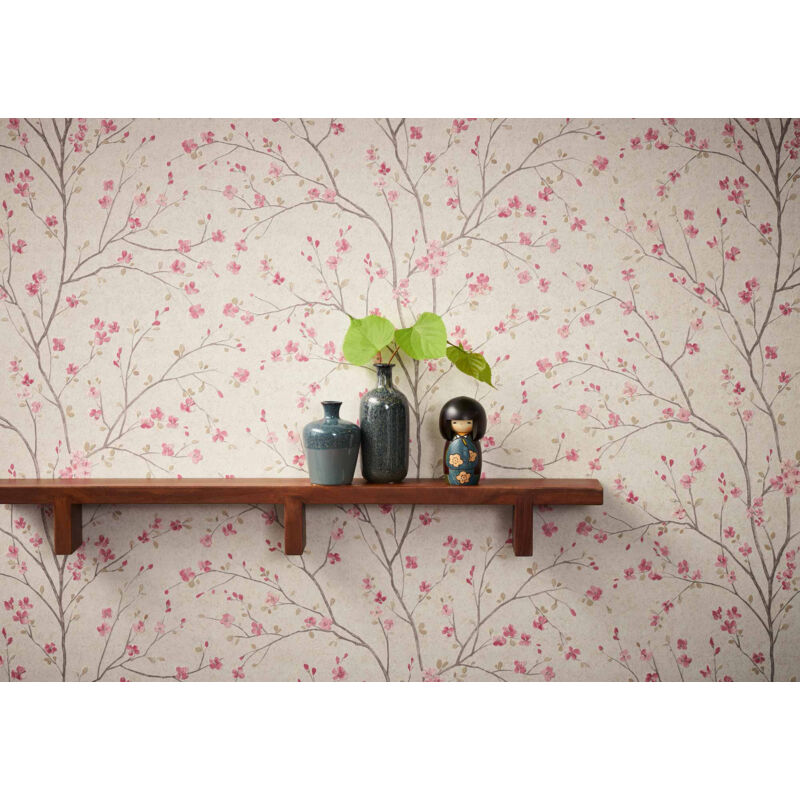 Papier peint fleuri rose & beige pour chambre adulte Tapisserie florale rose style japonais Papier peint intissé motif floral romantique