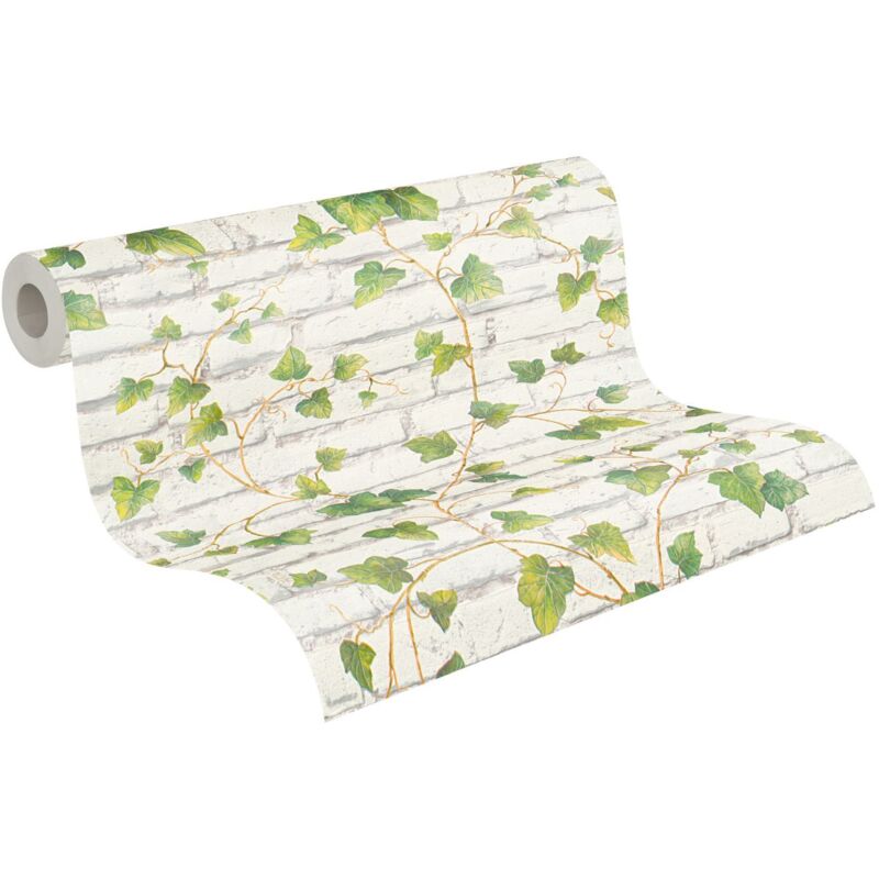 Papier peint à motif fausse pierre et brique blanche Tapisserie blanche et verte idéal cuisine Papier peint vert avec motif feuilles