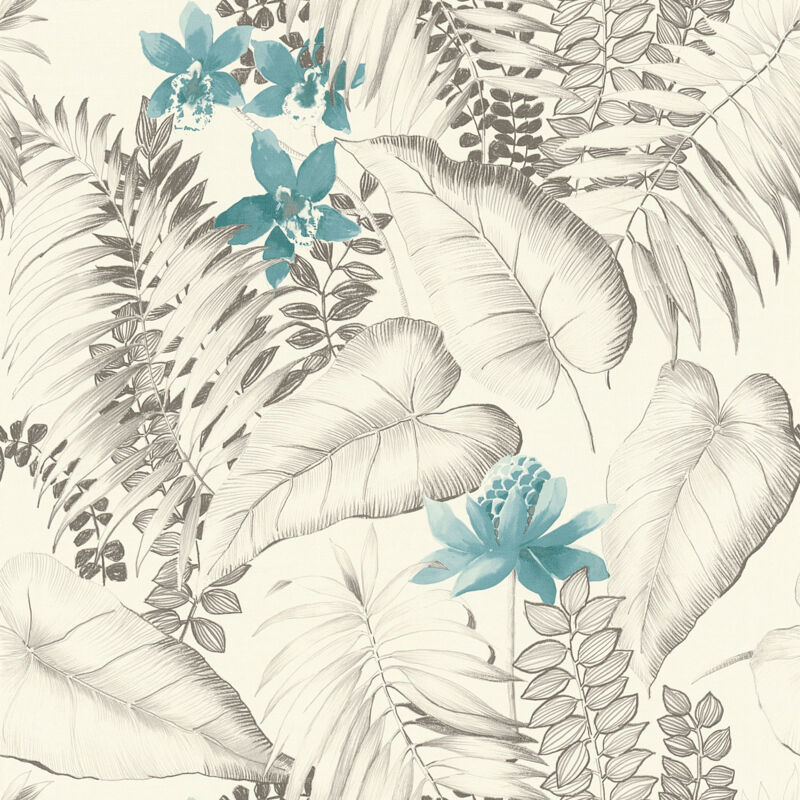 Papier peint floral blanc noir & bleu pour salle de bain Tapisserie à motif végétal effet aquarelle Papier peint motif feuilles & fleurs vintage