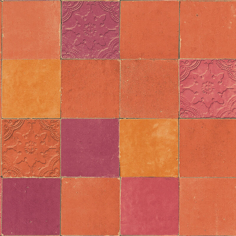 A.s.creations - Papier peint orange et framboise imitation carrelage Tapisserie style marocain rouge et orange Papier peint cuisine et salon